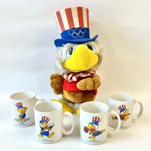 Vintage LA 1984 Summer Olympic Games Coffee Mugs & Mascot Sam the Eagle Plush